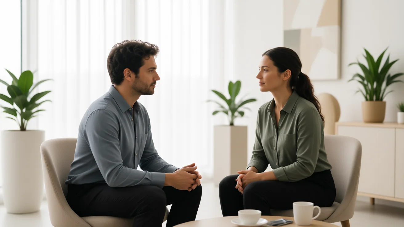 Profissional conversa com cliente em ambiente claro e acolhedor.