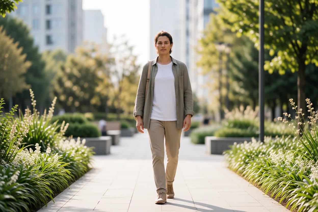 Pessoa caminhando confortavelmente em ambiente urbano com natureza.