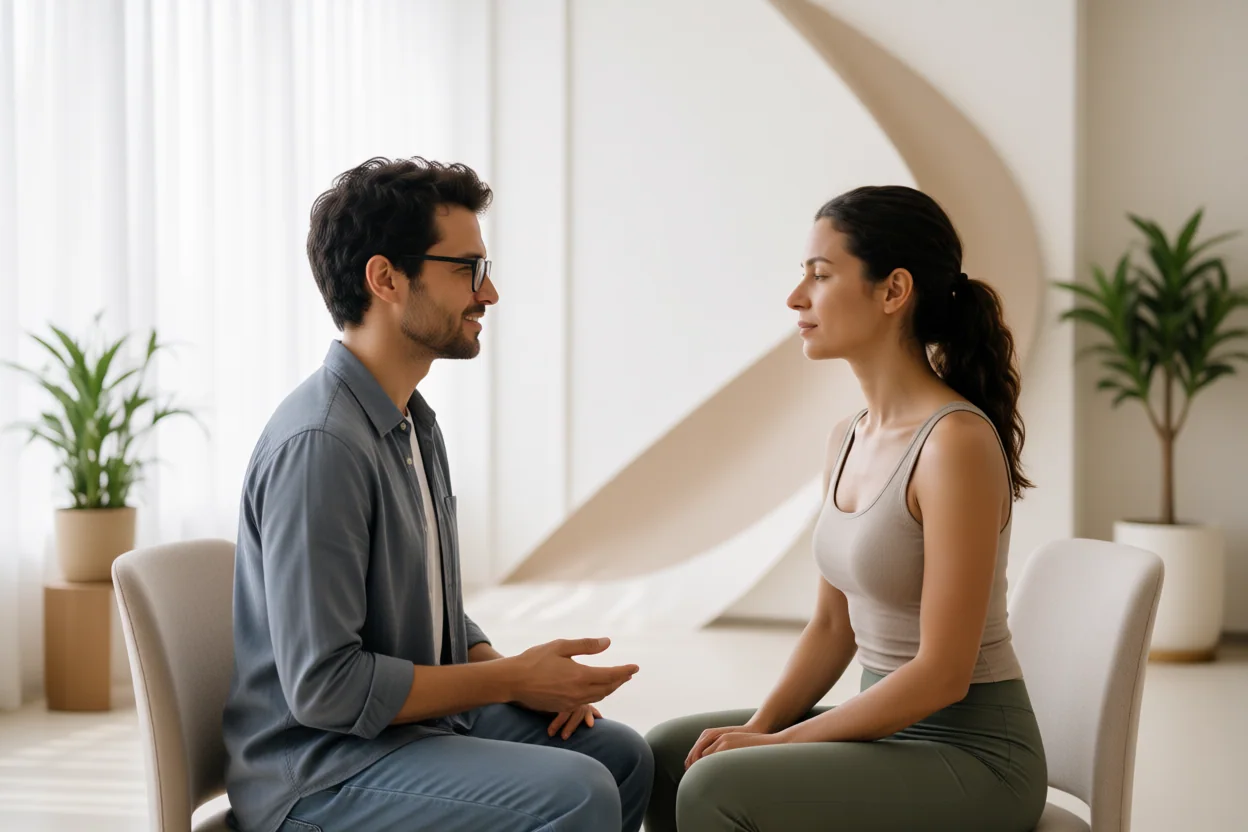 Profissional escuta cliente em uma conversa clara e respeitosa.